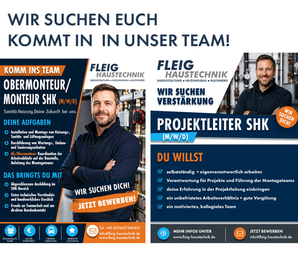 Sanitär, Heizung & Solar Fleig Haustechnik Breisach: Wir suchen: Obermonteur / Monteur für Sanitär-und KlimatechniK (M/W/D) + Projektleiter M/W/D FÜR SANITÄR-, HEIZUNGS- UND KLIMATECHNIK