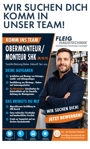 Sanitär, Heizung & Solar Fleig Haustechnik Breisach: Wir suchen: Obermonteur / Monteur für Sanitär-und KlimatechniK (M/W/D)
